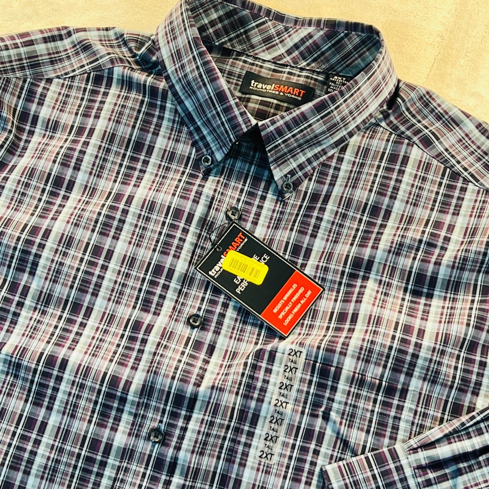 Roundtree & Yorke TravelSmart Plaid Button Down Shirt Mens 2XT Tall Purple Blue
